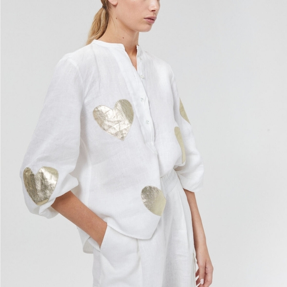 Cupid Linen Shirt - Off-White w/ Gold Hearts - Picture 2 of 5